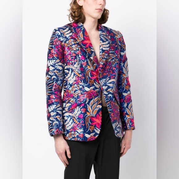 TSAU Unisex Silk Sequin Floral Blue Embroidery Blazer Jacket Size S Org $1,755